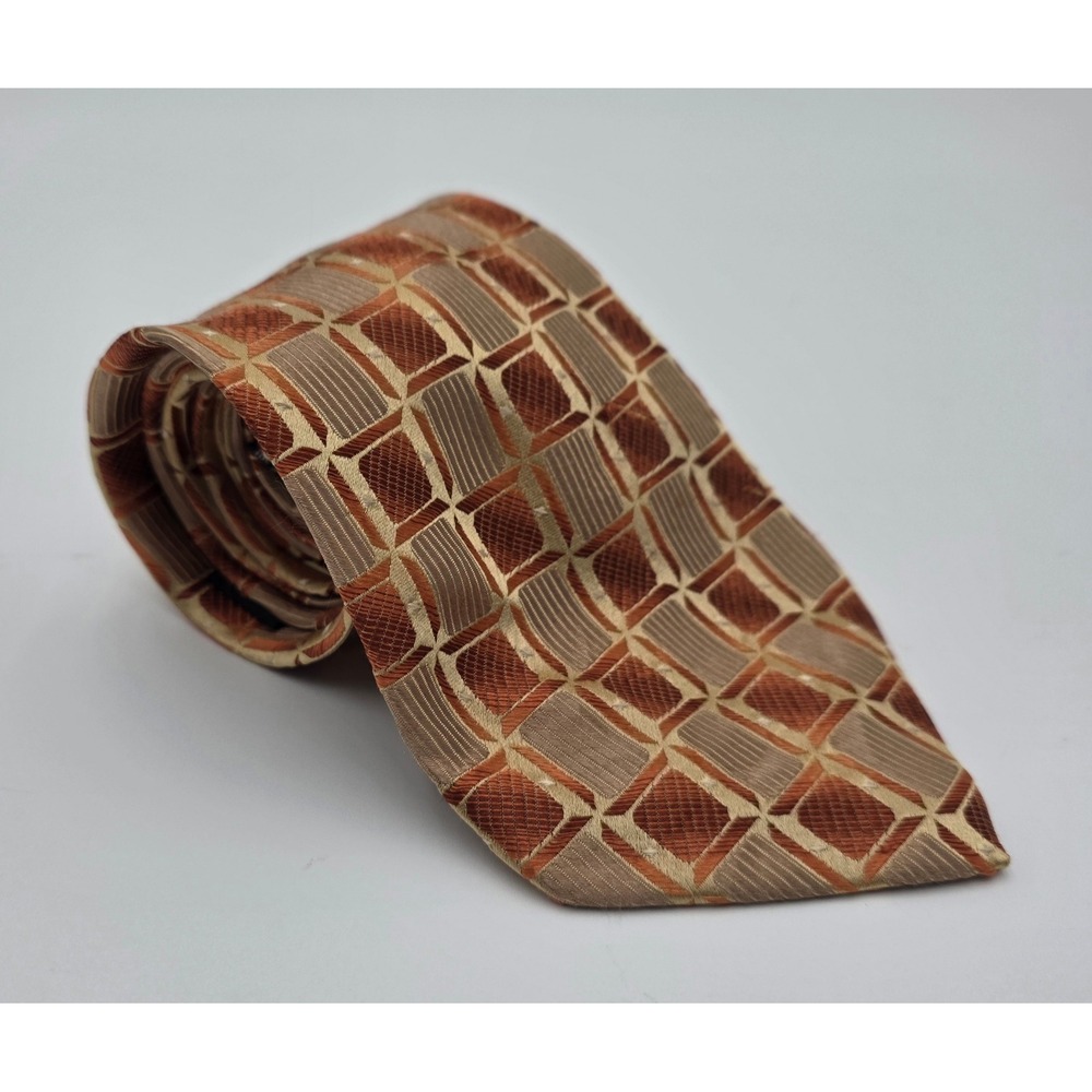 Antonio Fellini Silk Geometric Pattern Tie Men's Brown Gold